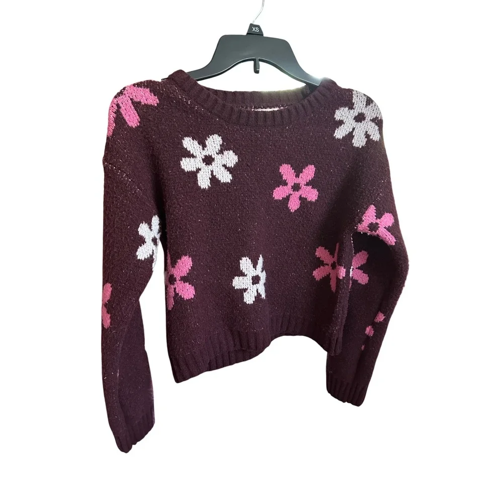 Kids SO Burgundy Flower Power Sweater XS Extra Small Cozy Knit NWOT